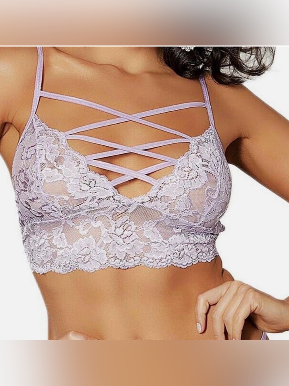 🦋B2G1🦋SHIRLEY OF HOLLYWOOD Criss Cross Stretch Lace Soft Cup Crop Top | XL | - Picture 2 of 10